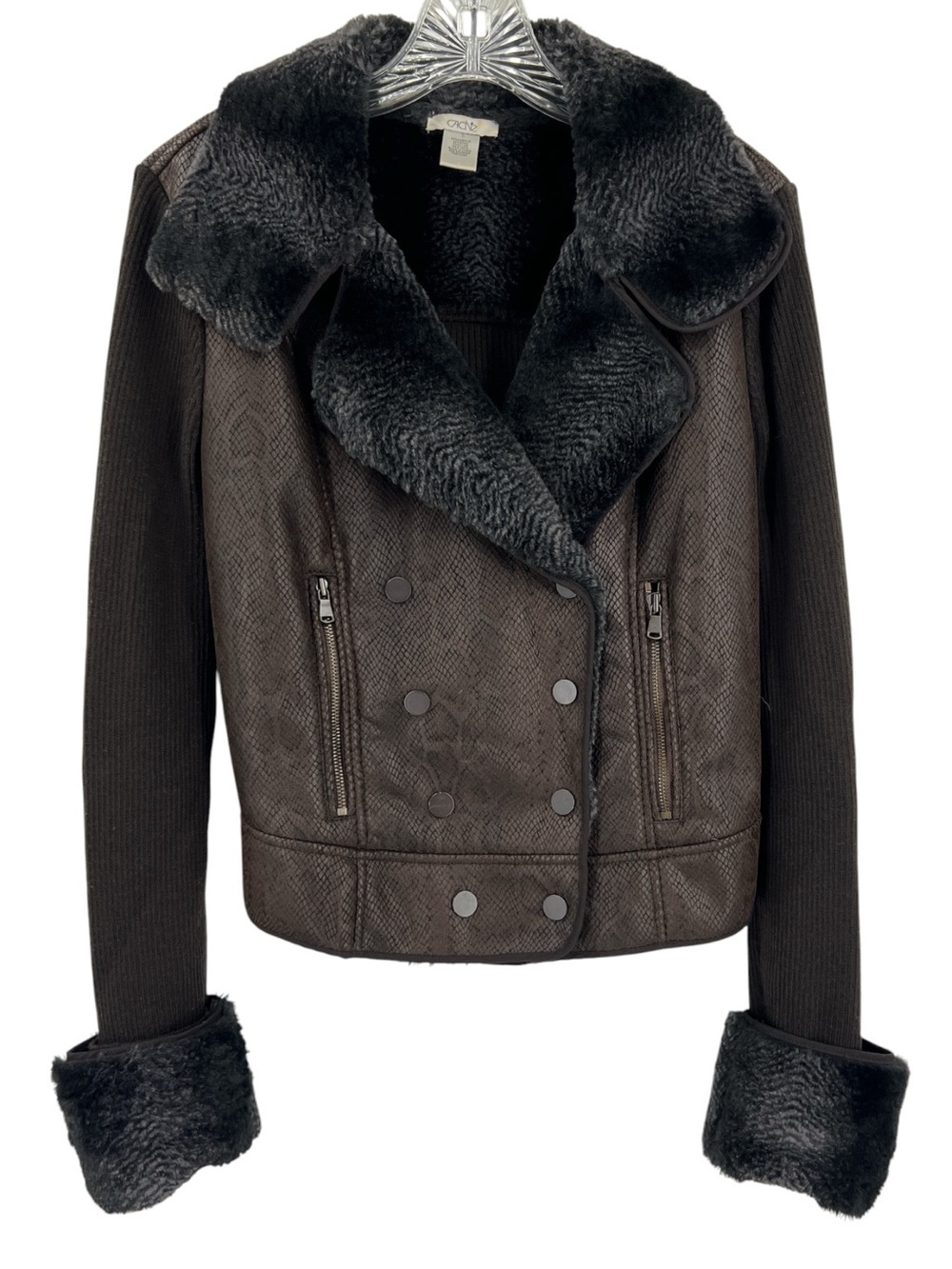 Caché Mixed-Media Moto dark  brown,snakeskin-embossed faux leather  Jacket SZ L
